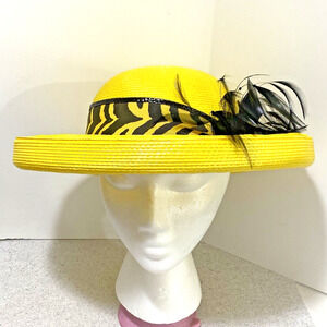 Vintage 80's Yellow & Black Deborah New York Straw Sun Hat Wide Brim w/ Feathers